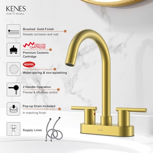 KENES Brushed Gold 4 Inch 2 Handle Centerset Bathroom Faucet, 3 Hole Gold Bathroom Sink Faucet, with Pop Up Sink Drain and Two Water Supply Lines, KE-9019-4