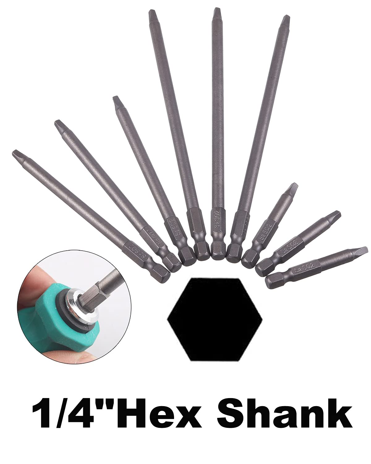 Rocaris 9 Pack 1/4 Inch Hex Shank Long Magnetic Square Head Screwdriver Bits Set Power Tools SQ2 For Poket Hole Jig- 2 inch, 4 inch, 6 inch