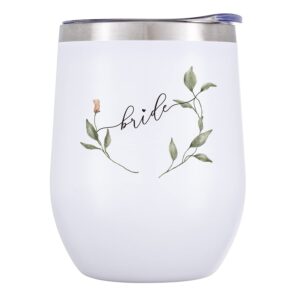 crisky greenery bride wine tumbler for bride gift vacuum insulated stainless steel drink cup with straw for bride to be | engagement glass | newly engaged travel mug | future mrs | bachelorette 12oz