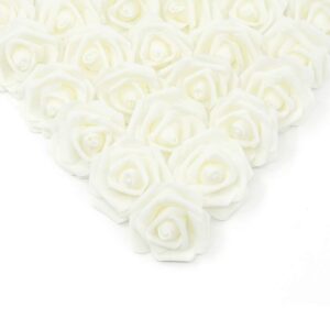 ipopu artificial rose flower heads, 100 pcs real looking ivory white foam fake roses for diy wedding baby shower centerpieces arrangements party tables home decorations (ivory, stemless)