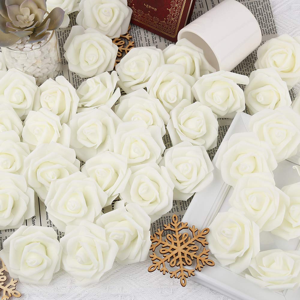 IPOPU Artificial Rose Flower Heads, 100 Pcs Real Looking Ivory White Foam Fake Roses for DIY Wedding Baby Shower Centerpieces Arrangements Party Tables Home Decorations (Ivory, Stemless)