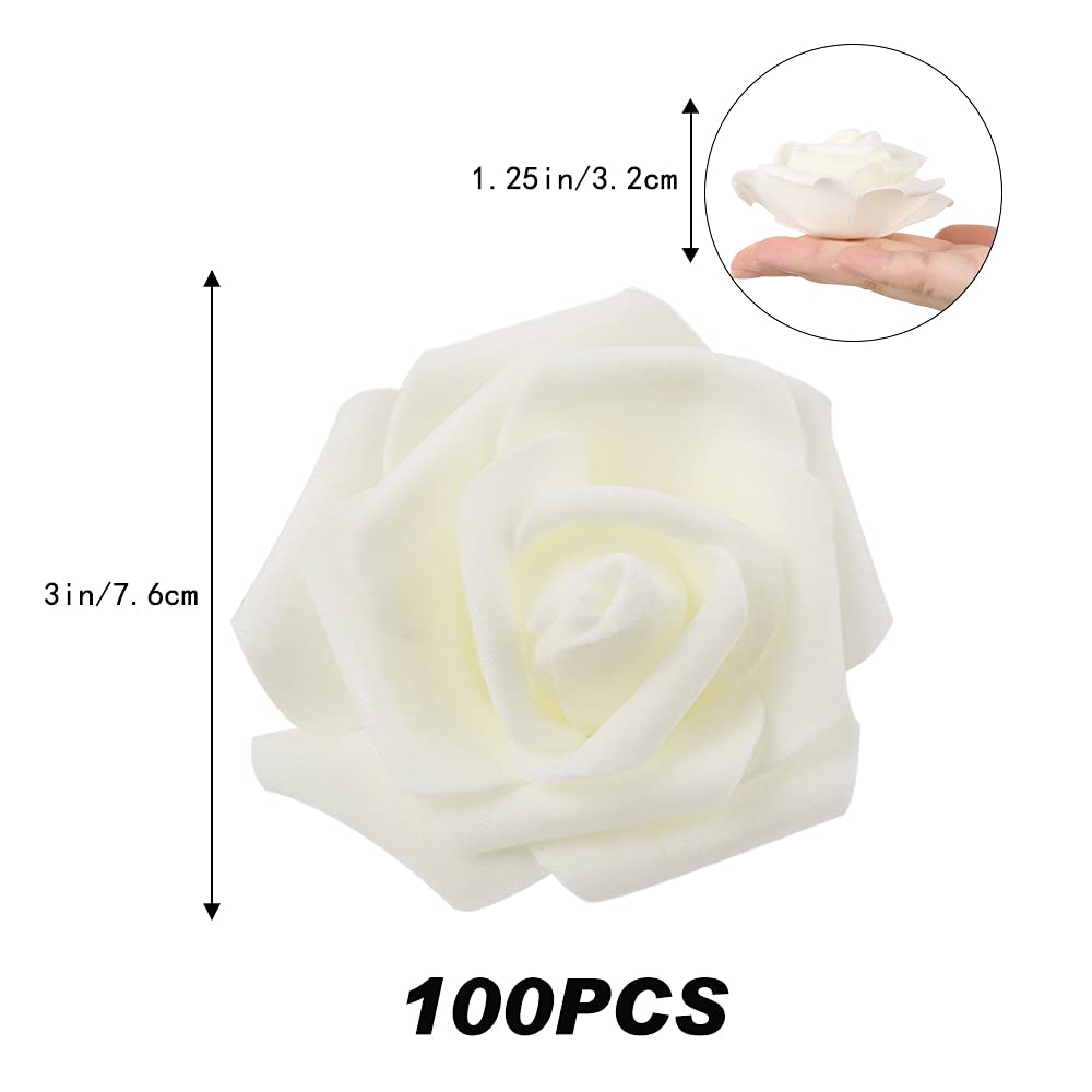 IPOPU Artificial Rose Flower Heads, 100 Pcs Real Looking Ivory White Foam Fake Roses for DIY Wedding Baby Shower Centerpieces Arrangements Party Tables Home Decorations (Ivory, Stemless)