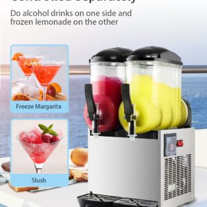 Commercial Slushy Machine 24L Double Tank Frozen Drink Machine 1050W Stainless Steel Margarita Wine Slush Smoothies Maker for Restaurant Bar Party