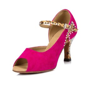 urvip 2021 women's suede leather high-heel ballroom pumps modern latin tango shoes ankle strap dance shoes ld001 fuchsia 5.5 b(m) us
