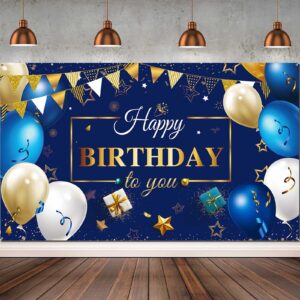 happy birthday decorations backdrop banner for men, navy blue and gold happy birthday photo backdrop background boy men women birthday party favor celebration supplies, 72.8 x 43.3 inch