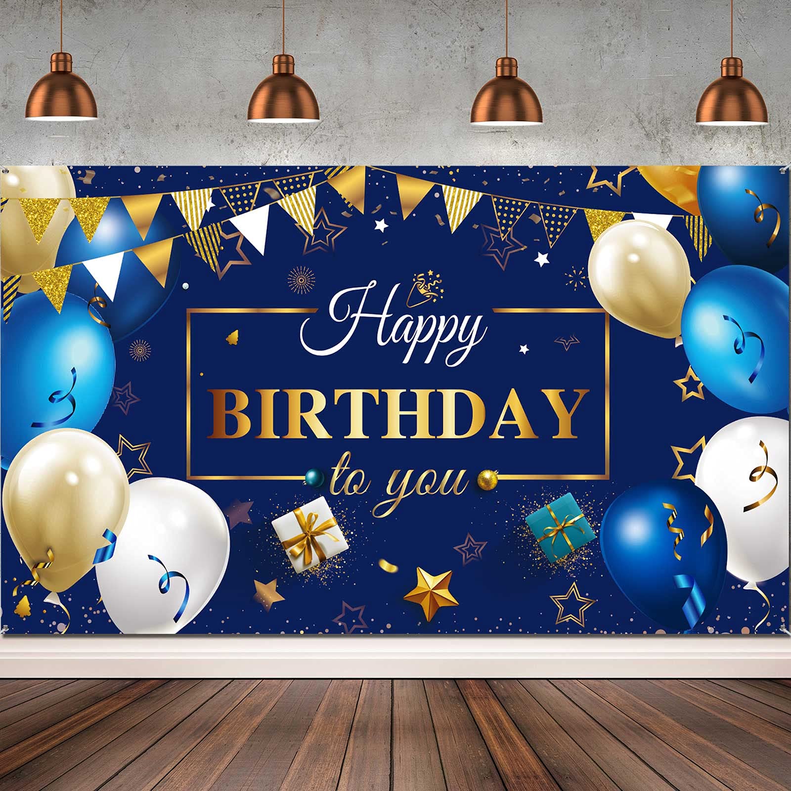 Happy Birthday Decorations Backdrop Banner for Men, Navy Blue and Gold Happy Birthday Photo Backdrop Background Boy Men Women Birthday Party Favor Celebration Supplies, 72.8 x 43.3 Inch