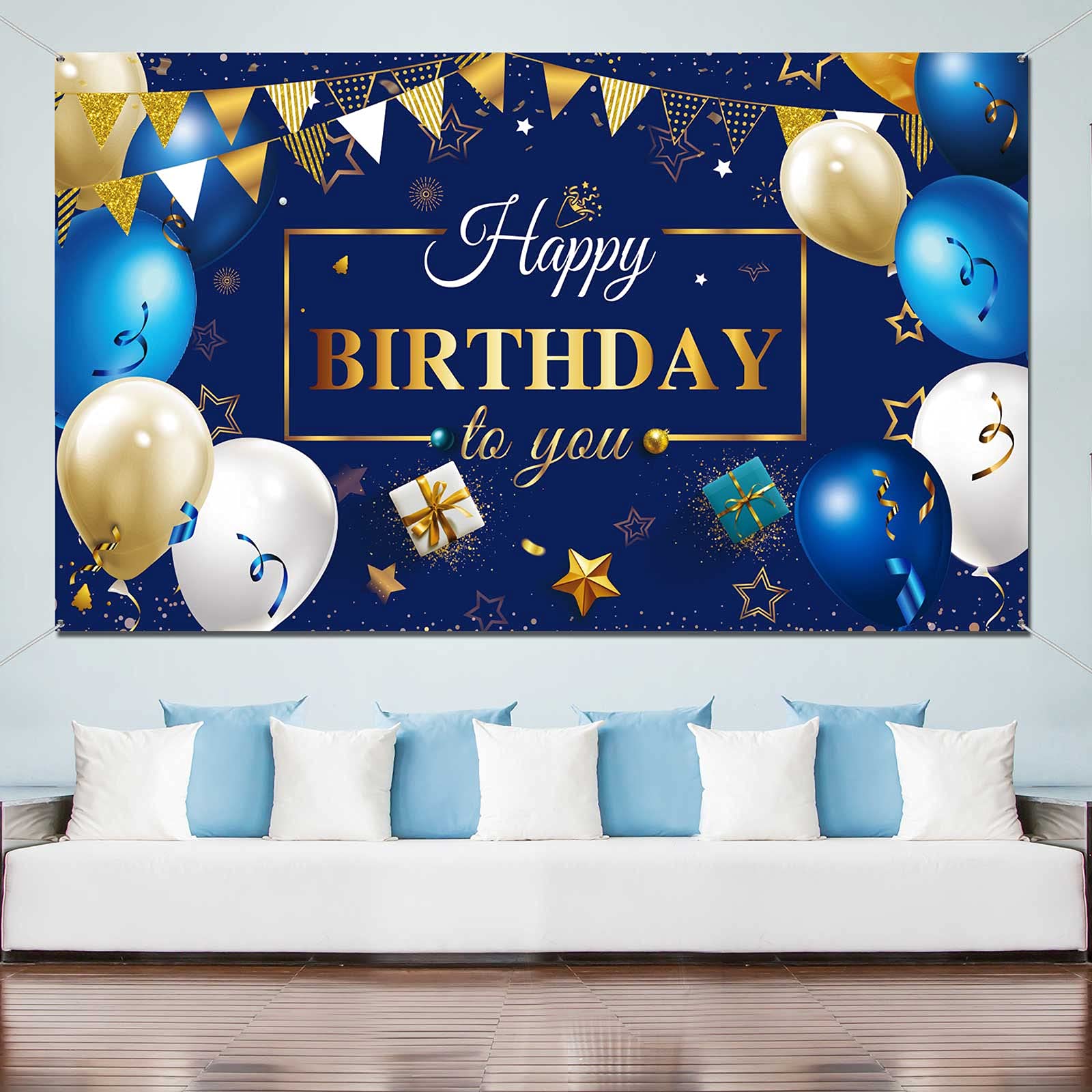 Happy Birthday Decorations Backdrop Banner for Men, Navy Blue and Gold Happy Birthday Photo Backdrop Background Boy Men Women Birthday Party Favor Celebration Supplies, 72.8 x 43.3 Inch