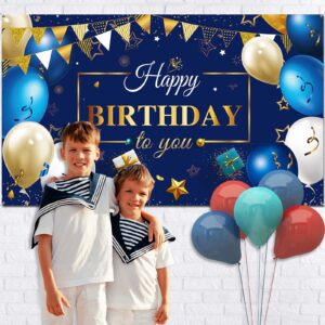 Happy Birthday Decorations Backdrop Banner for Men, Navy Blue and Gold Happy Birthday Photo Backdrop Background Boy Men Women Birthday Party Favor Celebration Supplies, 72.8 x 43.3 Inch