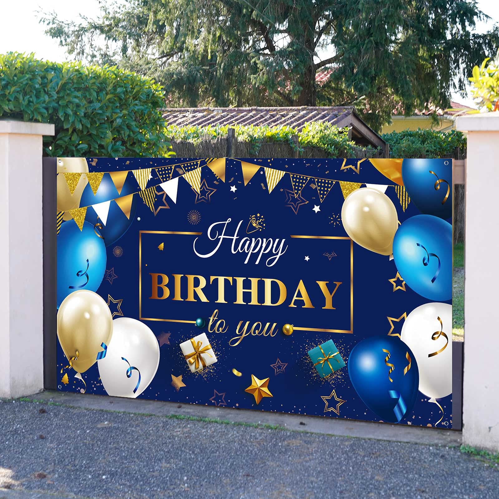 Happy Birthday Decorations Backdrop Banner for Men, Navy Blue and Gold Happy Birthday Photo Backdrop Background Boy Men Women Birthday Party Favor Celebration Supplies, 72.8 x 43.3 Inch