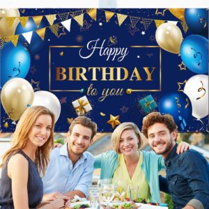 Happy Birthday Decorations Backdrop Banner for Men, Navy Blue and Gold Happy Birthday Photo Backdrop Background Boy Men Women Birthday Party Favor Celebration Supplies, 72.8 x 43.3 Inch