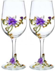 simcat handmade painted enamel flower glass wine glasses transparent refined goblet, stem for cabernet, gifts (purple double gift box,2 gift box)