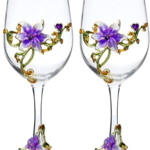 Simcat Handmade Painted Enamel Flower Glass Wine Glasses Transparent Refined Goblet, Stem For Cabernet, Gifts (Purple double gift box,2 Gift Box)