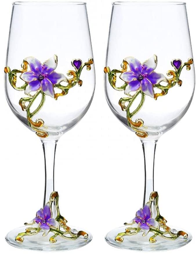 Simcat Handmade Painted Enamel Flower Glass Wine Glasses Transparent Refined Goblet, Stem For Cabernet, Gifts (Purple double gift box,2 Gift Box)