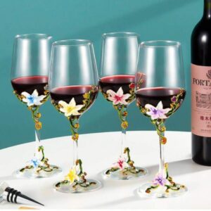 Simcat Handmade Painted Enamel Flower Glass Wine Glasses Transparent Refined Goblet, Stem For Cabernet, Gifts (Purple double gift box,2 Gift Box)