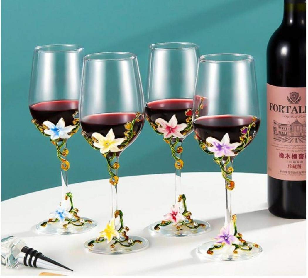 Simcat Handmade Painted Enamel Flower Glass Wine Glasses Transparent Refined Goblet, Stem For Cabernet, Gifts (Purple double gift box,2 Gift Box)