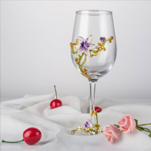 Simcat Handmade Painted Enamel Flower Glass Wine Glasses Transparent Refined Goblet, Stem For Cabernet, Gifts (Purple double gift box,2 Gift Box)