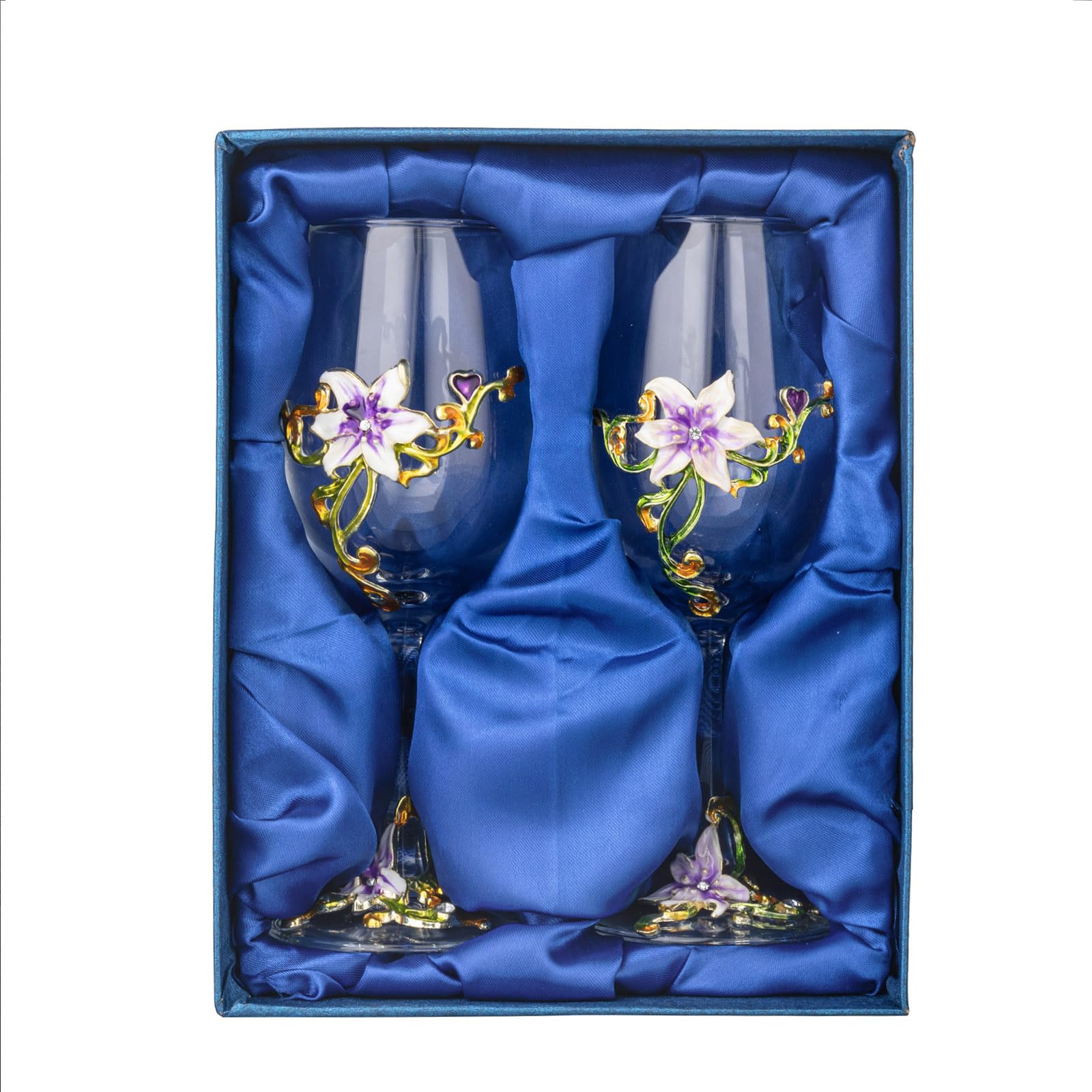 Simcat Handmade Painted Enamel Flower Glass Wine Glasses Transparent Refined Goblet, Stem For Cabernet, Gifts (Purple double gift box,2 Gift Box)