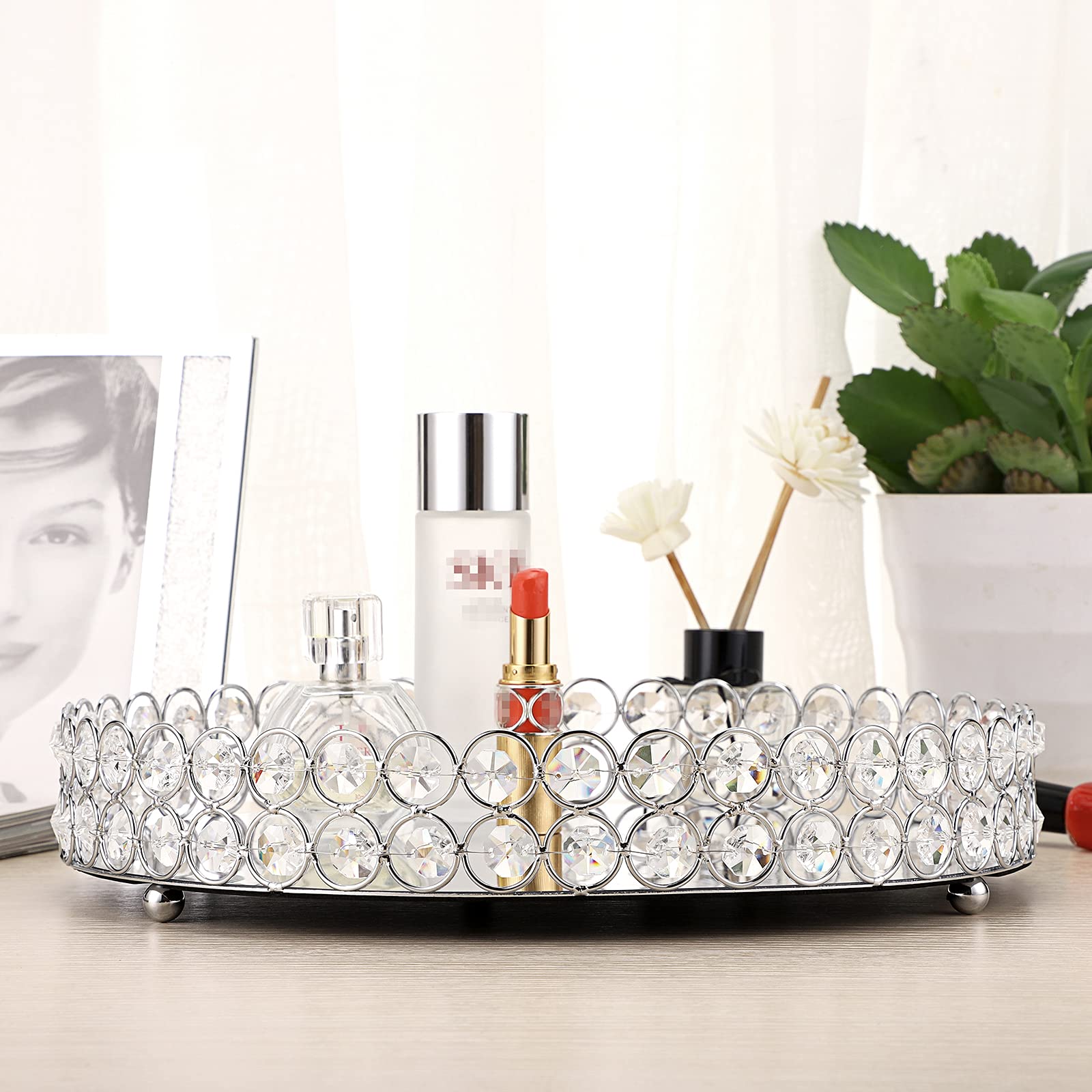 Hipiwe Crystal Vanity Tray -11.8” inch Large Mirror Jewelry Trinket Display Tray Make up Cosmetic Organizer Tray Perfume Tray Dresser Tray Bathroom Tray for Home Decor