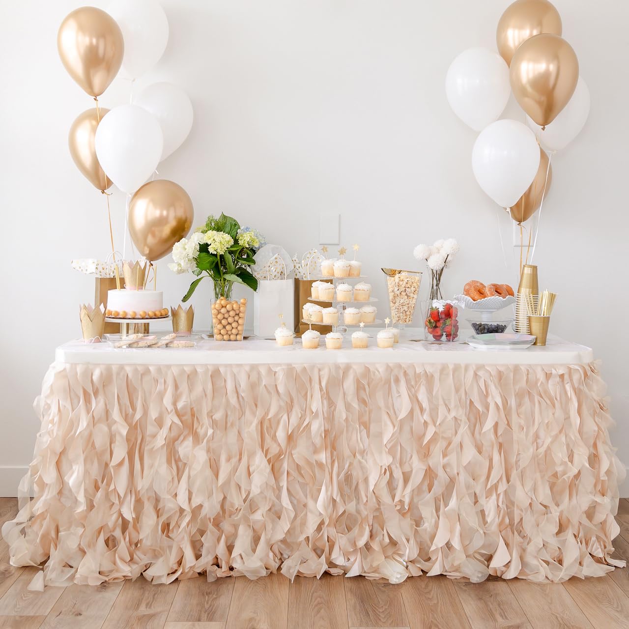 BLUEKATE Champagne Gold Table Skirt. 6ft Table Skirt with Double Layer Organza! Wedding Decorations Rustic Theme, Graduation, Gold Party Decorations. Tutu Table Skirts for Rectangle Tables 6ft