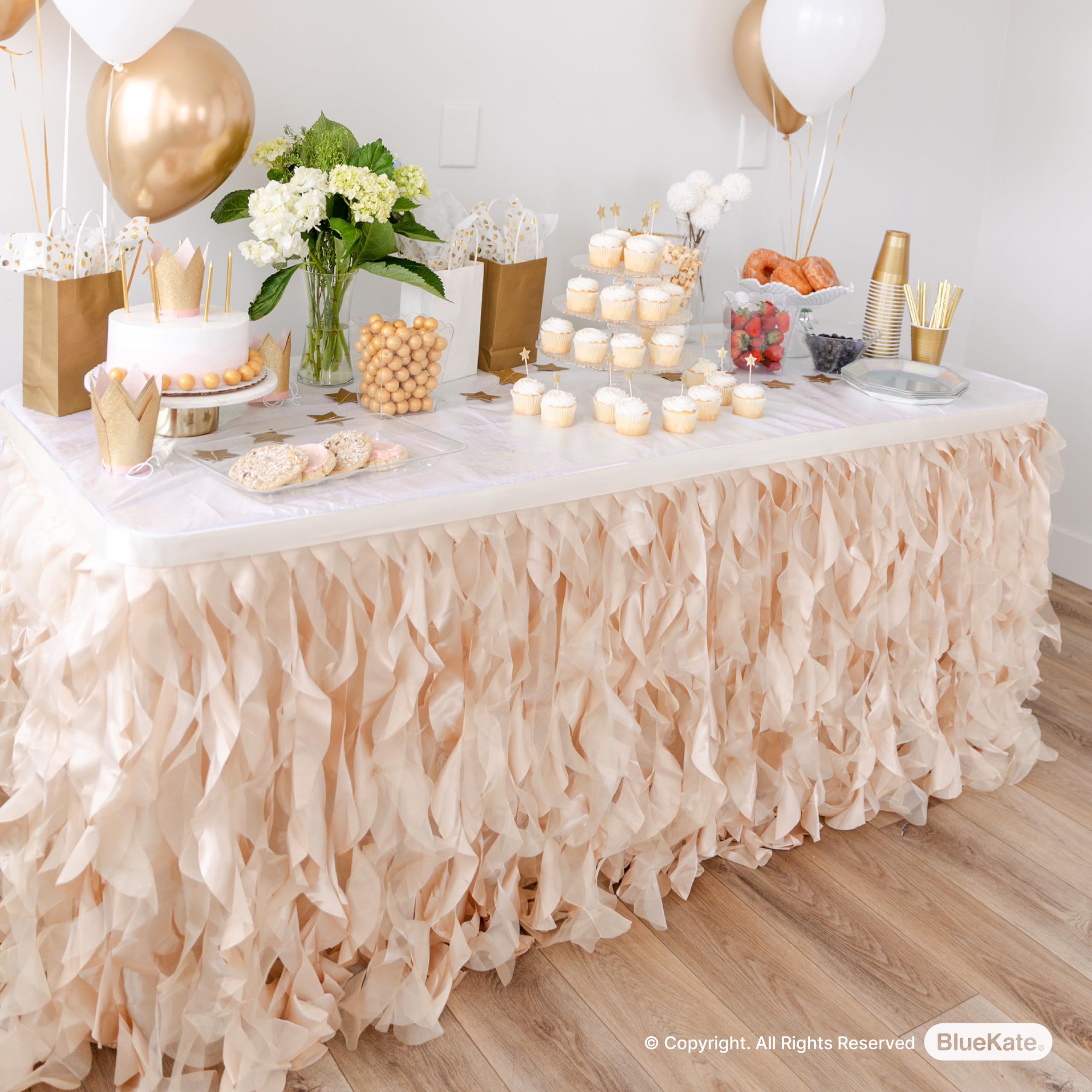 BLUEKATE Champagne Gold Table Skirt. 6ft Table Skirt with Double Layer Organza! Wedding Decorations Rustic Theme, Graduation, Gold Party Decorations. Tutu Table Skirts for Rectangle Tables 6ft
