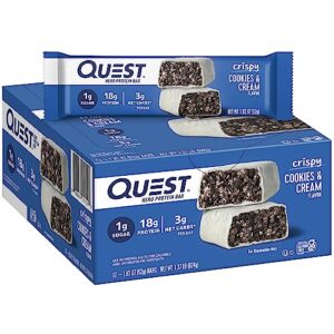 quest nutrition crispy cookies & cream hero protein bar, 18g protein, 1g sugar, 3g net carb, gluten free, keto friendly, 12 count