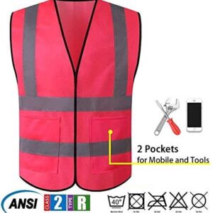 JSungo High Visibility Safety Vest 10 Pack ANSI Class 2 Security Vest with 2 Inch Reflective Silver Strip, Women Construction Vest for Night Running, Jogging, Cycling Walking (Pink)