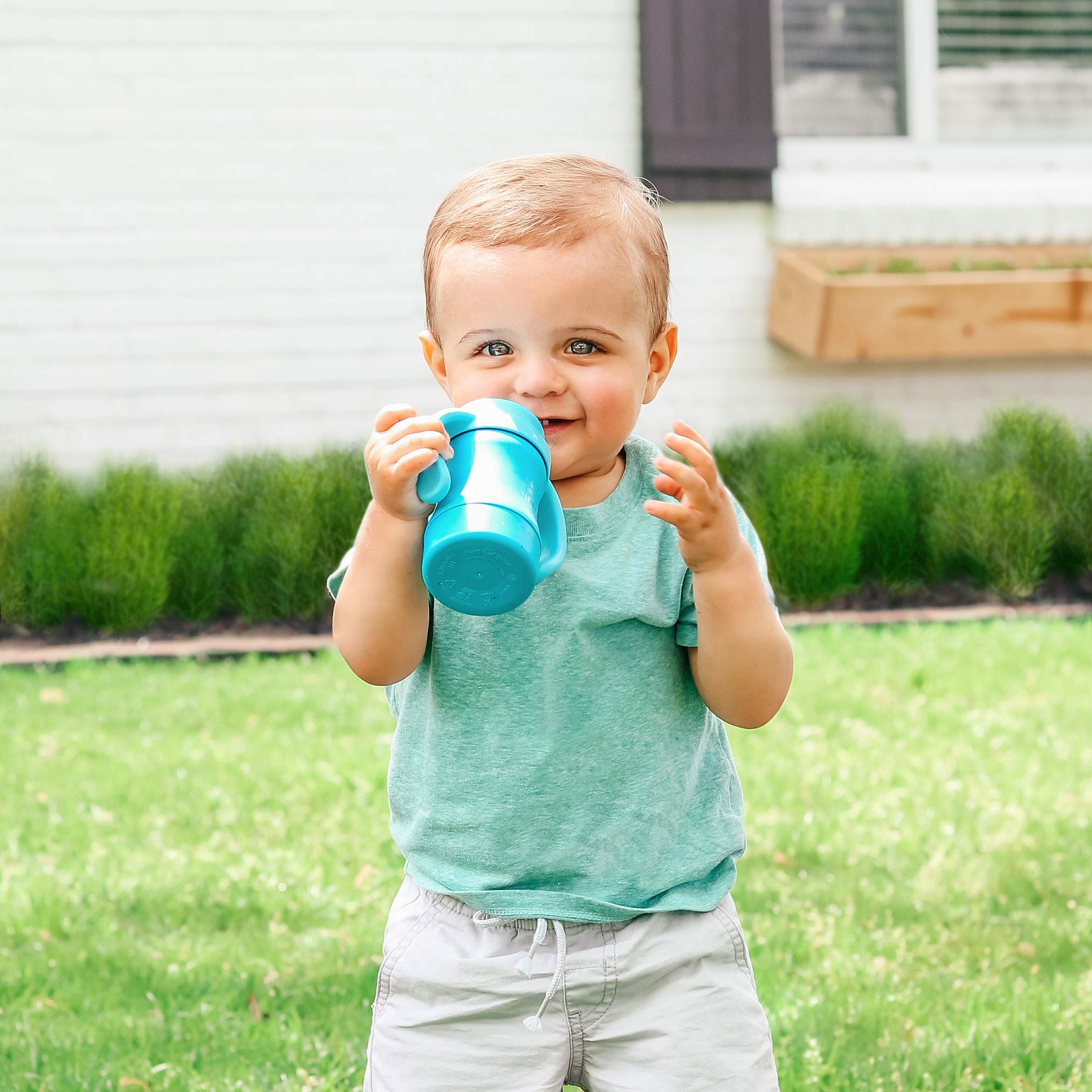 green sprouts Sprout Ware Plant-Plastic Sip & Straw Cup, Includes Sippy & Straw Spouts, Easy Grip Handles, Gray