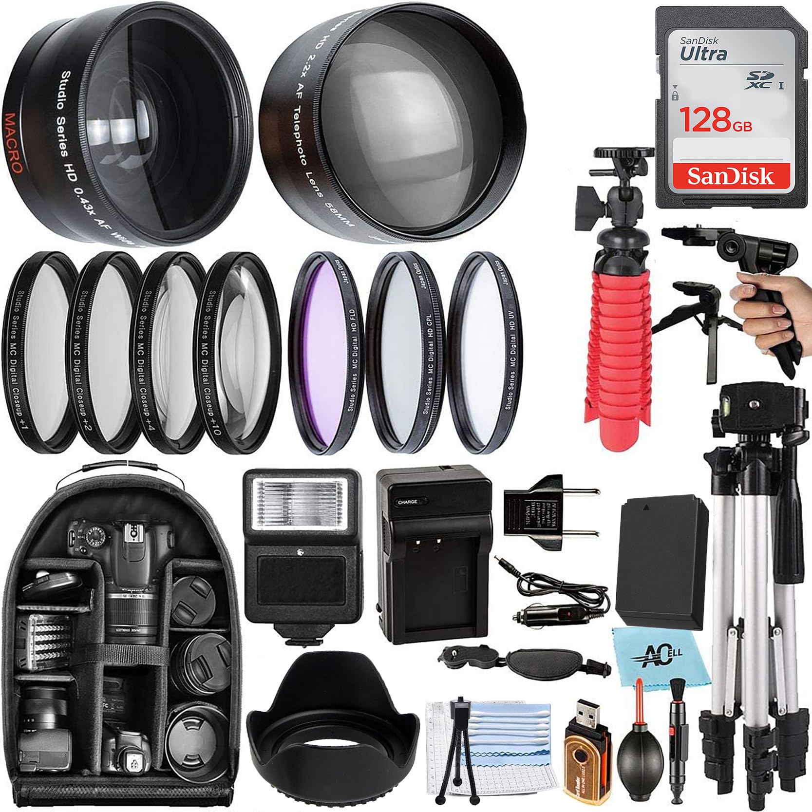 A-Cell 58mm Accessory Bundle for Canon EOS Rebel T7, T6, T5, T3, T100, 4000D, 2000D, 3000D and More with 128GB SanDisk Memory Card, Wide Angle Lens, Telephoto Lens, Tripod, Backpack(SDAB210412)