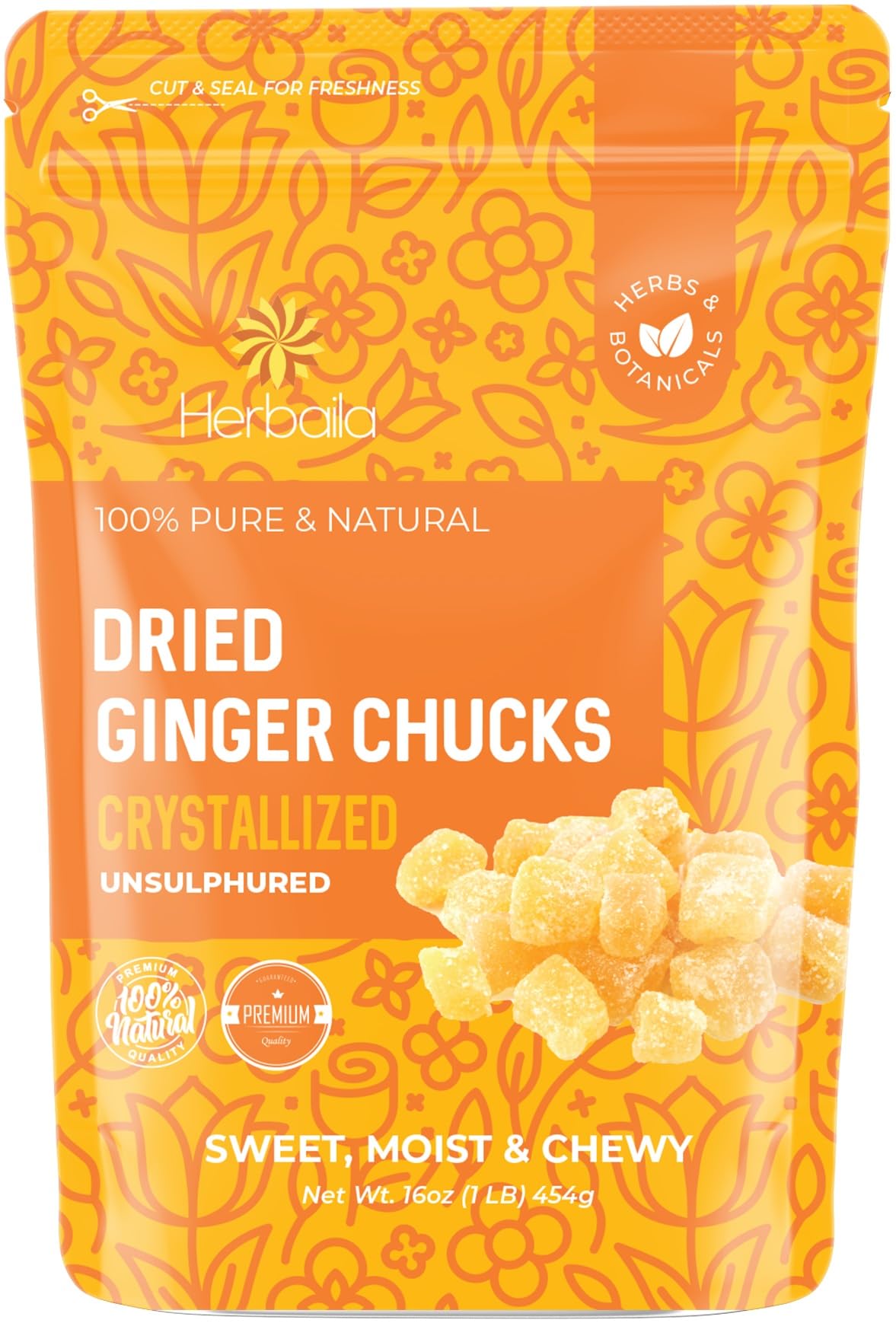 Dried Crystallized Ginger Chunks, 16 oz. Unsulphured Dried Ginger Candy, Candied Ginger Chunks, Caramelized Ginger Chews Candy, Unsulphured Crystalized Ginger Pieces. All Natural, Non-GMO, 1 Pound.