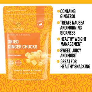 Dried Crystallized Ginger Chunks, 16 oz. Unsulphured Dried Ginger Candy, Candied Ginger Chunks, Caramelized Ginger Chews Candy, Unsulphured Crystalized Ginger Pieces. All Natural, Non-GMO, 1 Pound.