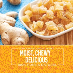 Dried Crystallized Ginger Chunks, 16 oz. Unsulphured Dried Ginger Candy, Candied Ginger Chunks, Caramelized Ginger Chews Candy, Unsulphured Crystalized Ginger Pieces. All Natural, Non-GMO, 1 Pound.