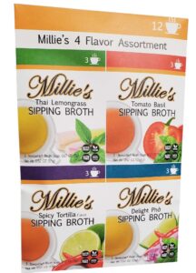 millie's sipping broth steepable vegetable broth with savory seasonings for snack urges | vegan, keto, gluten free, intermittent fasting, and natural | (4 pack assortment - 12 broth bags total)