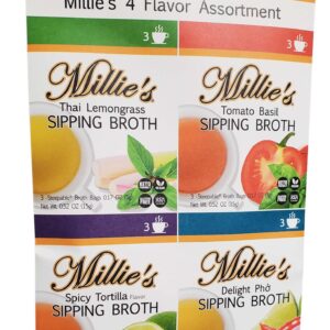 MILLIE'S SIPPING BROTH Steepable Vegetable Broth with Savory Seasonings for Snack Urges | Vegan, Keto, Gluten Free, Intermittent Fasting, and natural | (4 Pack Assortment - 12 Broth Bags Total)