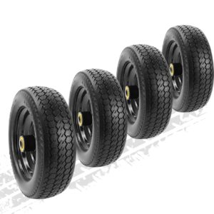 upgraded 10" flat free wheels compatible with garden cart, 4.10/3.50-4" replacement solid tires with 5/8″ bearings, solid rubber wheels for garden carts/hand truck-4pcs