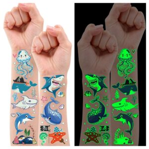 partywind 130 styles luminous shark temporary tattoos for kids, glow shark birthday decorations party favors supplies for boys and girls, ocean under sea fake tattoo stickers gifts (10 sheets)