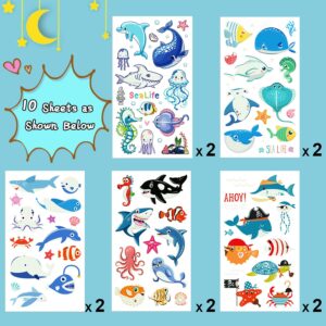 Partywind 130 Styles Luminous Shark Temporary Tattoos for Kids, Glow Shark Birthday Decorations Party Favors Supplies for Boys and Girls, Ocean Under Sea Fake Tattoo Stickers Gifts (10 Sheets)