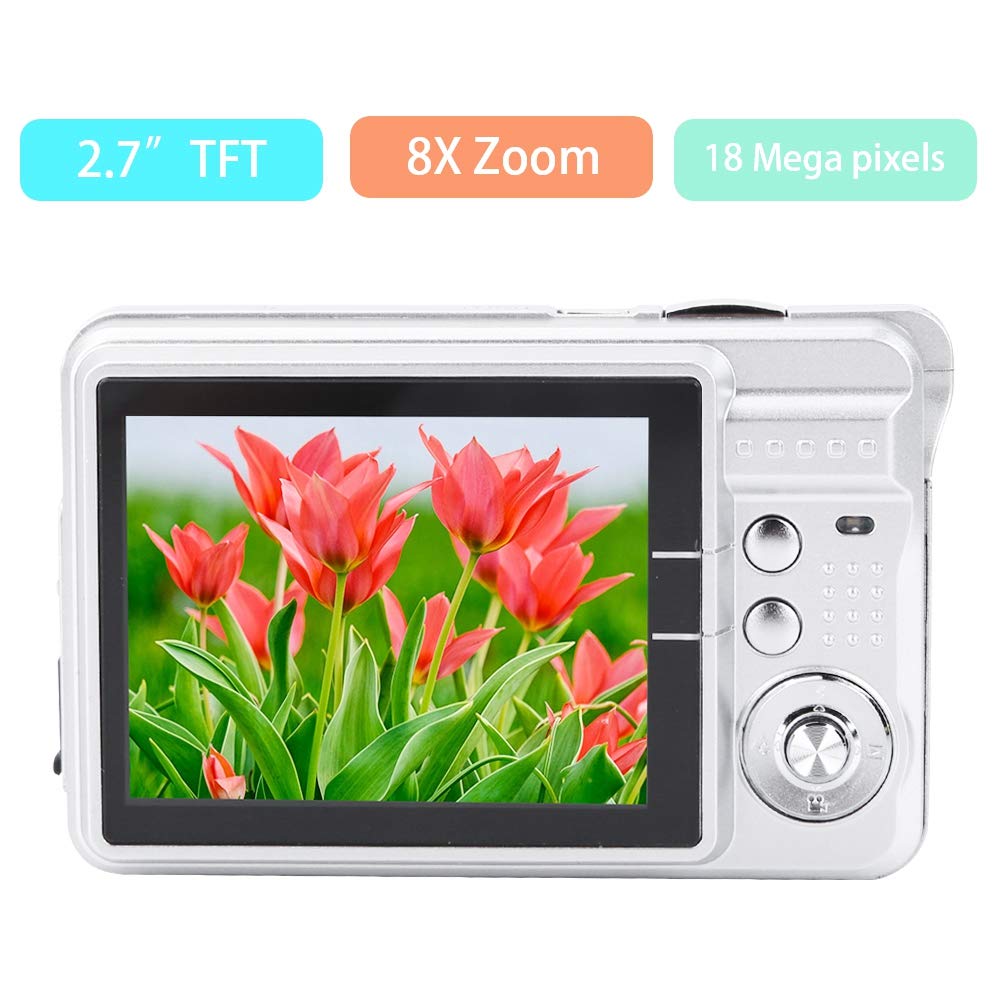 Mini Digital Camera, 1080P HD 2.7" LCD Screen 8X Digital Zoom 18MP 30fps Video Camera for Kids Children Gift(Silver)