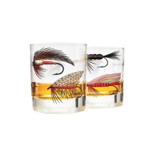 greenline goods – fly fishing glass set for fisherman and outdoorsman – fly lures themed 10 oz whiskey drinking glass set of 2