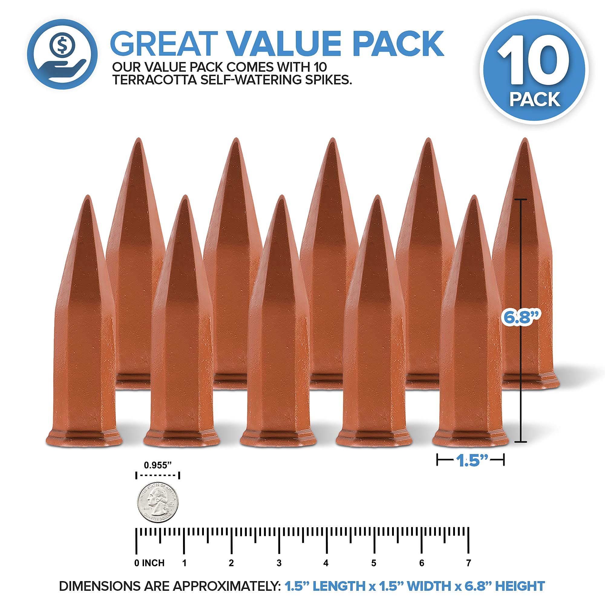 Modern Innovations Ceramic Terracotta Self Watering Spikes (10 Pack) Vacation Automatic Plant Waterer Devices, Indoor/Outdoor Planter Insert, Terra-Cotta Stakes for Potted Plants, Auto-Water System