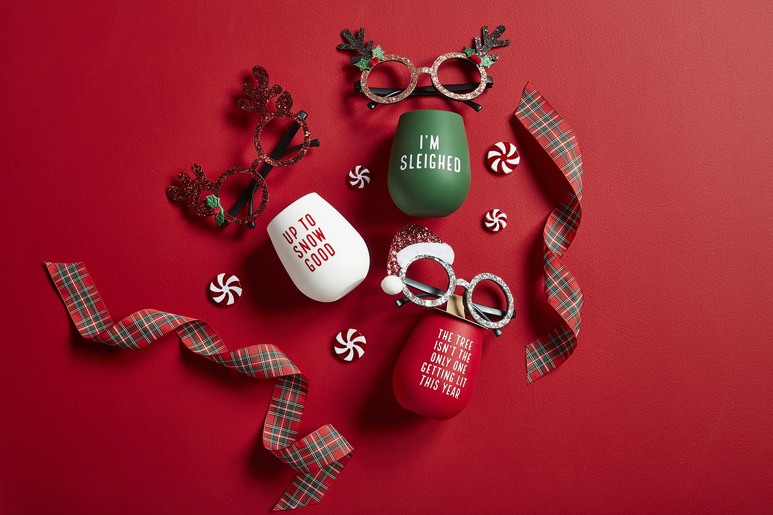 Mud Pie, Tree, Funny Adult Christmas Silicone Wine Glass Set, 16 oz, sunglasses 4 1/2" x 3 1/2"