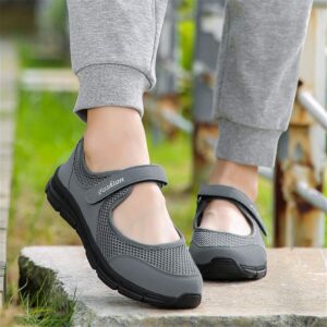 LLTMALL Women's Mesh Mary Jane Sneakers Comfort Flats Casual Walking Shoes Dark Grey 6.5