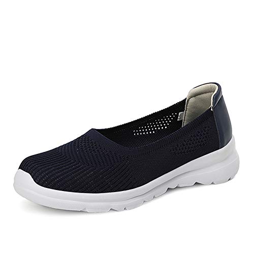 LLTMALL Women's Mesh Slip on Sneakers Comfortable Knit Ballet Flats Shoes Dark Blue 10