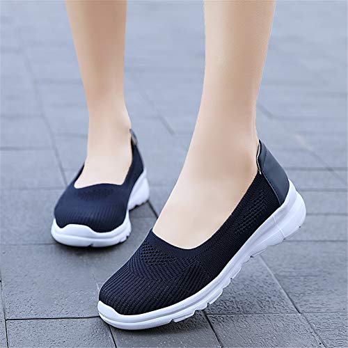 LLTMALL Women's Mesh Slip on Sneakers Comfortable Knit Ballet Flats Shoes Dark Blue 10