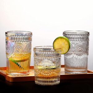 Kingrol 6 Pack 9 oz Romantic Water Glasses, Iridescent Drinking Glasses Tumblers, Vintage Glassware Set for Juice, Beverages, Beer, Cocktail