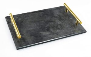 y-nut marble decorative tray with vintage brass metal handles, rectangle luxury bathroom vanity tray, night stand perfume holder, gray tray for for cheese, pastries, cake, fruit (12"*8")