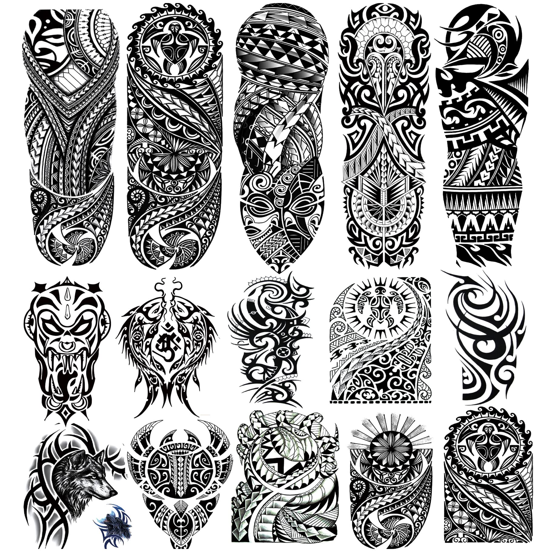 Kotbs 15 Sheets Tribal Totem Tempoary Tattoo Sleeves for Men Women, 5 Sheets Full Arm Tattoo Sleeve and 10 Sheets Half Arm Tattoo Stickers, Waterproof Large Fake Tattoos Body Art Temporary Tattoo