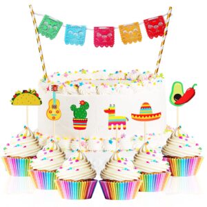 43 pcs fiesta cupcake topper and picado banner for fiesta party decorations mexican cake topper for mexican themed cactus donkey taco pepper sombrero mustache party decorations (fresh style)