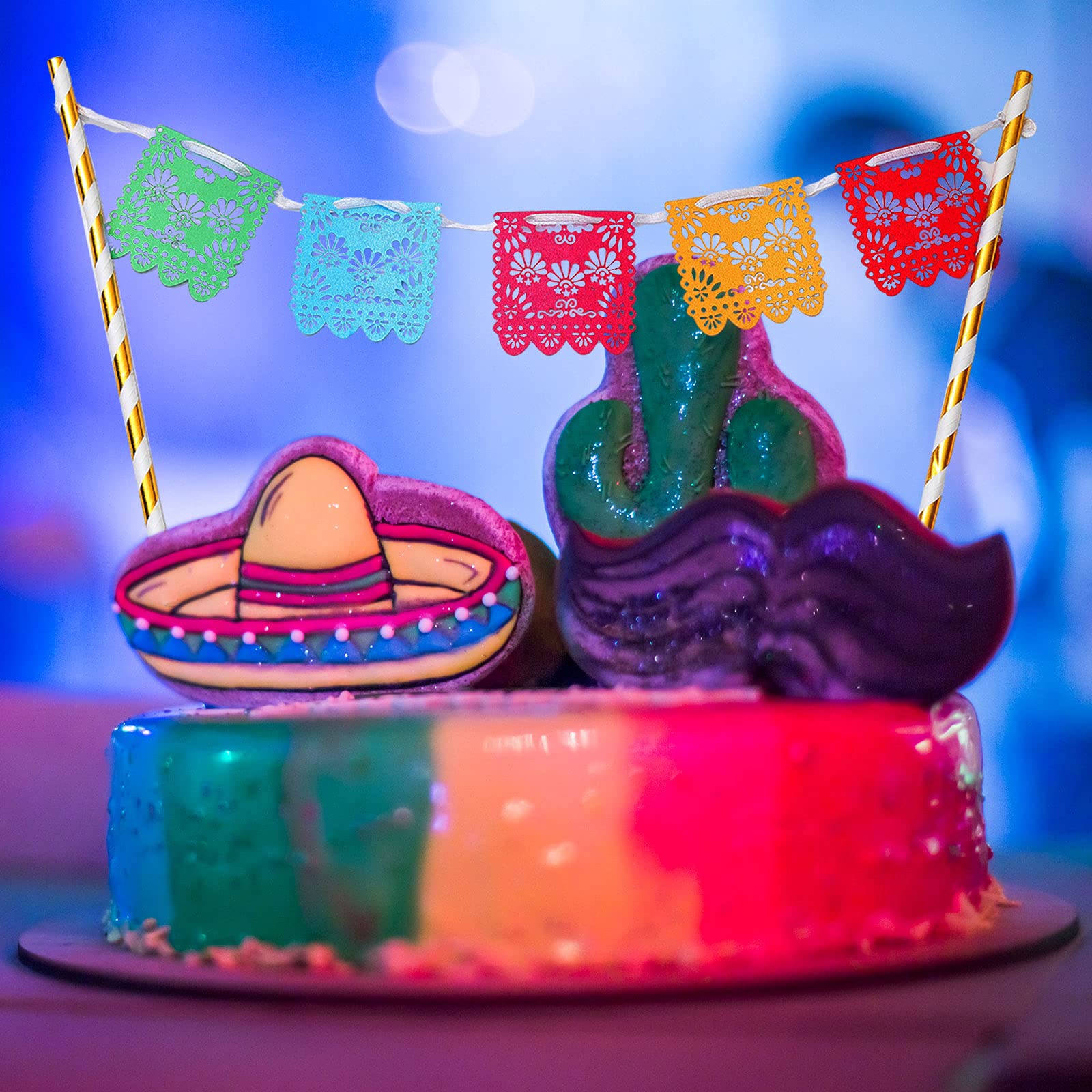 43 Pcs Fiesta Cupcake Topper and Picado Banner For Fiesta Party Decorations Mexican cake topper For Mexican Themed Cactus Donkey Taco Pepper Sombrero Mustache Party Decorations (Fresh Style)