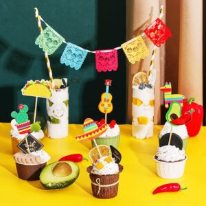 43 Pcs Fiesta Cupcake Topper and Picado Banner For Fiesta Party Decorations Mexican cake topper For Mexican Themed Cactus Donkey Taco Pepper Sombrero Mustache Party Decorations (Fresh Style)