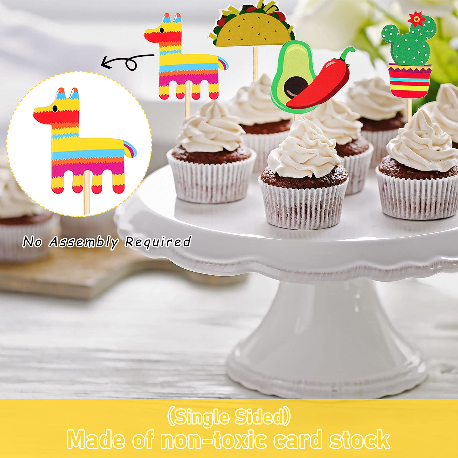 43 Pcs Fiesta Cupcake Topper and Picado Banner For Fiesta Party Decorations Mexican cake topper For Mexican Themed Cactus Donkey Taco Pepper Sombrero Mustache Party Decorations (Fresh Style)